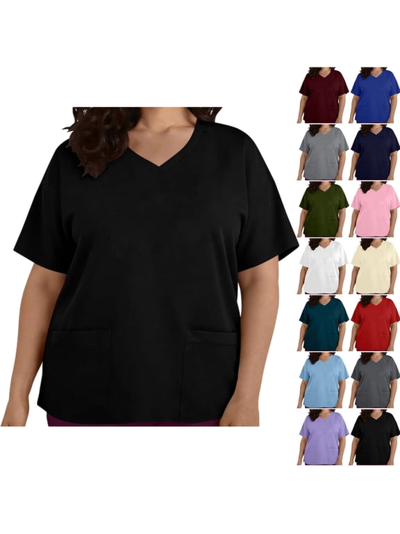 Plus Size Women's Scrub Top - Solid Color V-Neck Short Sleeve Medical Workwear Shirt with Pockets, Medical Work Uniform for Healthcare, Nursing, Hospital, for Nurses & Healthcare Workers,L-4XL