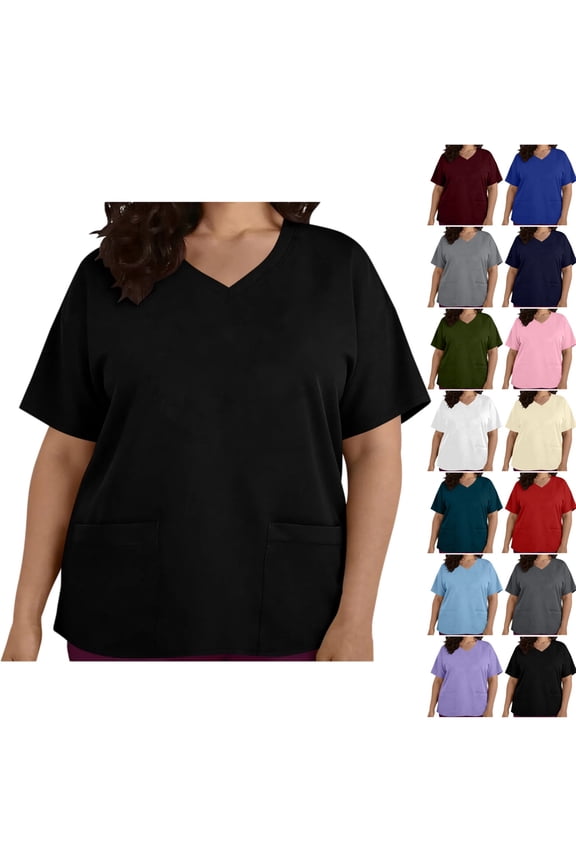 Plus Size Women's Scrub Top - Solid Color V-Neck Short Sleeve Medical Workwear Shirt with Pockets, Medical Work Uniform for Healthcare, Nursing, Hospital, for Nurses & Healthcare Workers,L-4XL