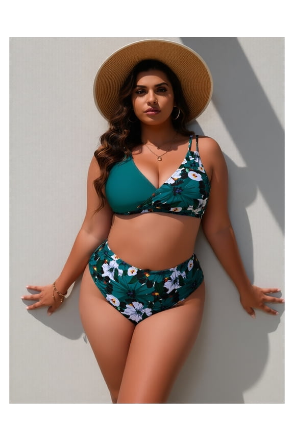 Plus Size Women's Separate Bikini with Digital Print and Push-Up Design Fashionable Swimwear