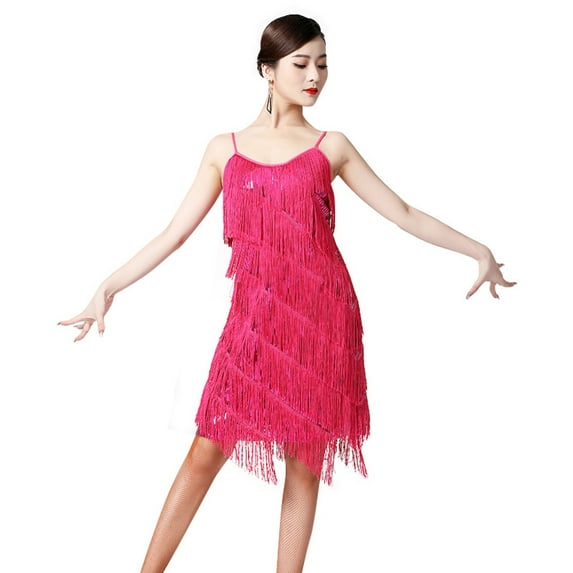 Plus Size Women's Sequin Fringe Dress Tassel Suspender Latin Dance Sexy Cocktail Party Ballroom Dancewear (S-3XL) Pink M
