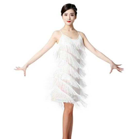 Plus Size Women's Sequin Fringe Dress Tassel Suspender Latin Dance Sexy Cocktail Party Ballroom Dancewear (S-3XL) White L