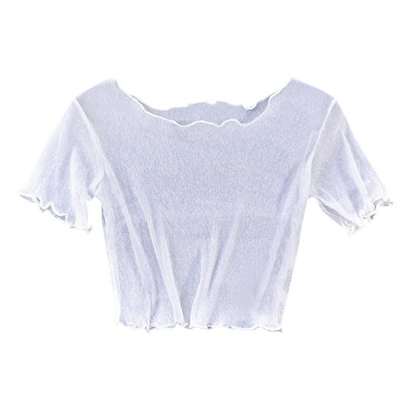 Plus Size Women's Short Sleeve Mesh Shirt Half Cut Open Navel Design with Bright Silk Trim Stylish Casual T-Shirt Top