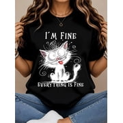 Plus Size Women's Short Sleeve T-Shirt Funny Cat Design I'm Fine I'm Fine Everything Is Fine Cat Lover Gift Elegant Sweet Cute Vacation