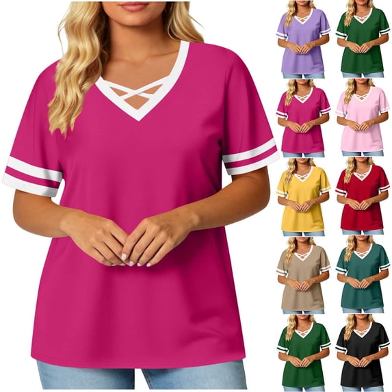 Plus Size Women's Short Sleeve V Neck Solid Color Blouses Tops Comfy Breathable Versatile Daily Wear Office Outfits | CSEONE,Khaki 3XL