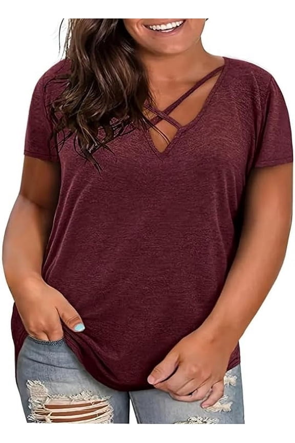 Plus-Size Women's Short-Sleeved Sexy V-Neck Casual Loose Solid Color top