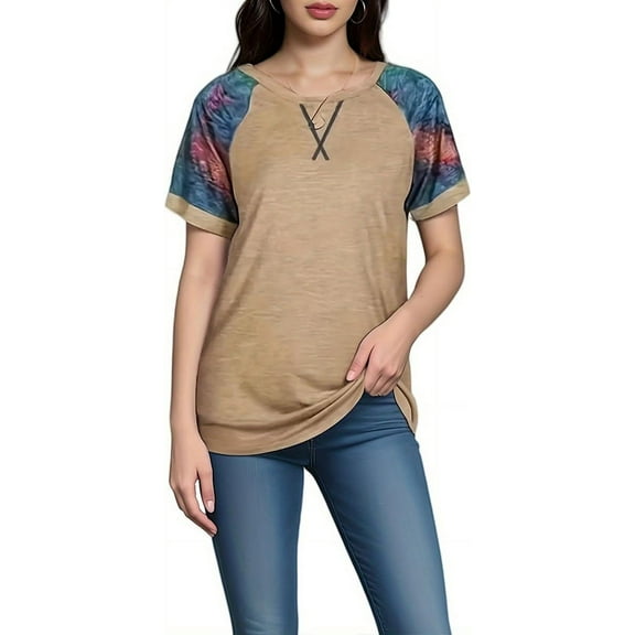 Plus-Size Women's Short-Sleeved camo Print Casual Loose Crew Neck Fashion top