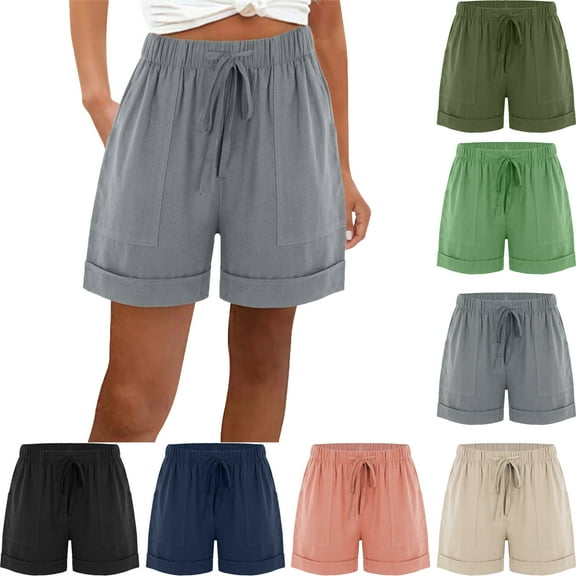 Plus Size Women's Shorts Summer Casual Mid Rise Cotton Elastic Waist Cargo Shorts With Outline Pockets Drawstring Solid Color Short Pants Summer Vacation Beach Party S-XXXL