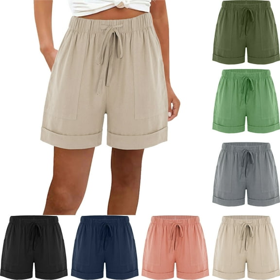 Plus Size Women's Shorts Summer Casual Mid Rise Cotton Elastic Waist Cargo Shorts With Outline Pockets Drawstring Solid Color Short Pants Summer Vacation Beach Party S-XXXL