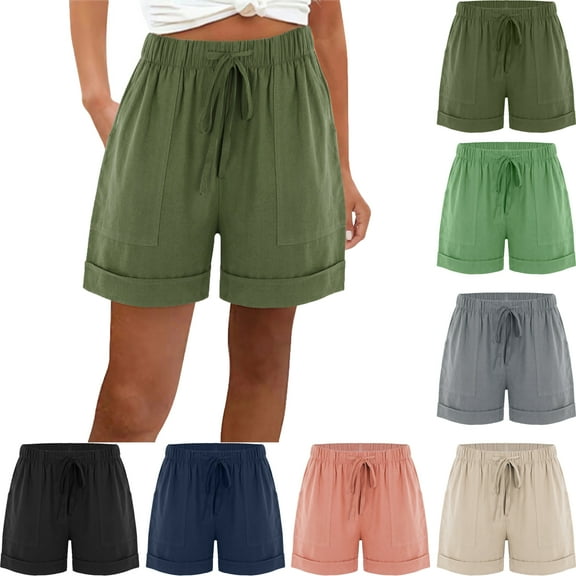 Plus Size Women's Shorts Summer Casual Mid Rise Cotton Elastic Waist Cargo Shorts With Outline Pockets Drawstring Solid Color Short Pants Summer Vacation Beach Party S-XXXL