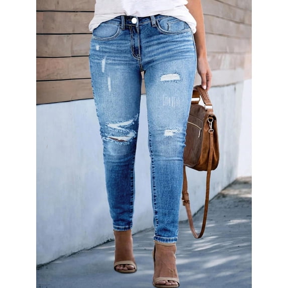 Plus Size Women's Skinny Jeans - Ripped Stretch Denim Ankle-Length, Basic & Versatile Fit for