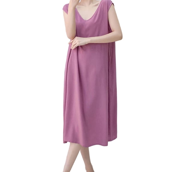 Plus Size Women's Sleeveless Nightgown Casual Loose Round Neck Long Sleepwear Soft Comfy Nightdress ,Pinky,One Size