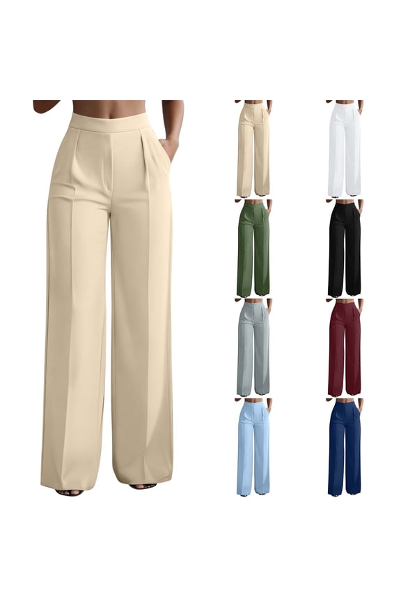Plus Size Women's Soft Fabric High Waist Elastic Waist Straight Leg Wide Leg Casual Work Pants with Pockets, Tummy Control Flattering Fit Pull On Trouser, Office Wear | CSEONE,White 3XL