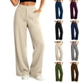 thumbnail image 1 of Plus Size Women's Soft Fabric Straight Leg Pants with Pockets, Mid Elastic Waist, Stretchy Slim Fit, Casual Business Lounge Wear, Long Pants for Women | UKHCCC,Blue 2XL, 1 of 6