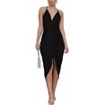 thumbnail image 1 of Plus Size Women's Solid Black Ruched Wrap Spaghetti Strap Midi Bodycon Dress Irregular High Split Skirt, 1 of 3