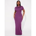 thumbnail image 1 of Plus Size Women's Solid Color Round Neck Short Sleeve Fitted Elegant Maxi Dress, 1 of 10