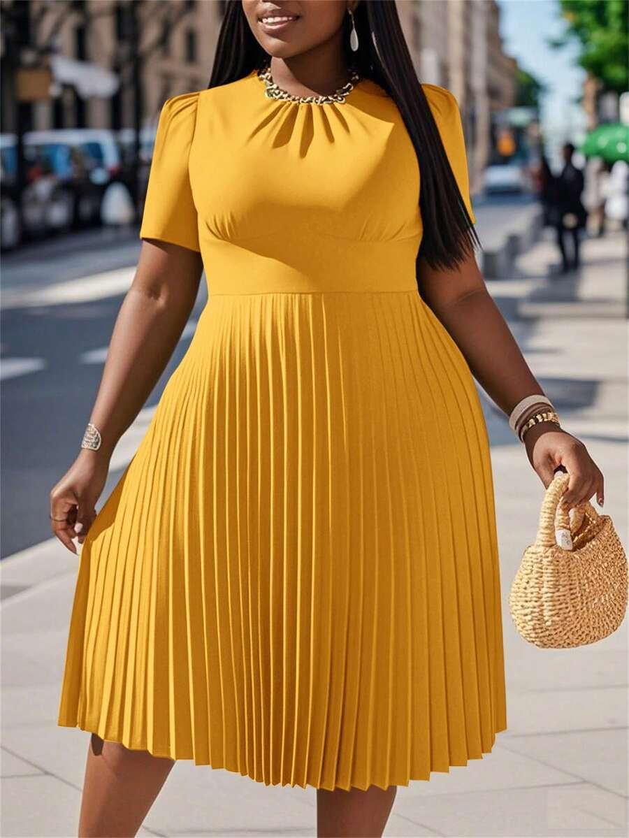 solid pleated hem dress Elegant Solid Pleated Hem Womens A-Line Dress