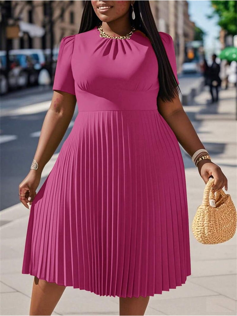casual dress design for plus size ladies Women's Solid Color Short Puff Sleeve Pleated Hem Coffee Brown Dress size: women small Size:CUSTOM Henry Segal Men's Flat Chubby woman Short Sleeve