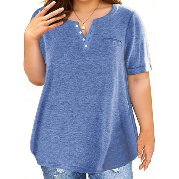 Plus-Size Women's Solid Color Short-Sleeved V-Neck Button Loose Casual top
