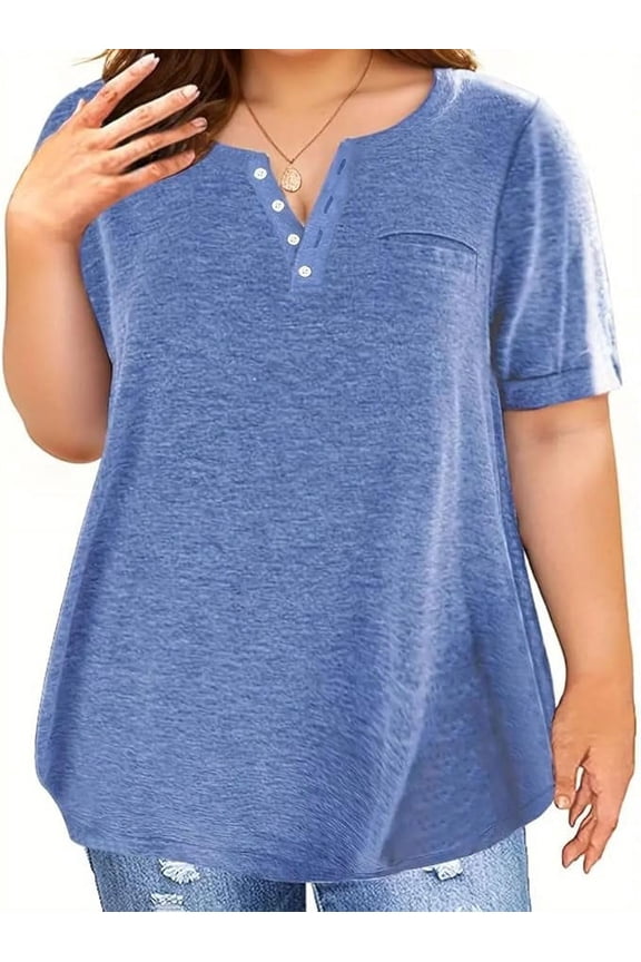 Plus-Size Women's Solid Color Short-Sleeved V-Neck Button Loose Casual top