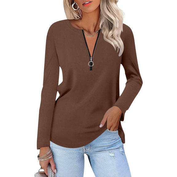 Plus Size Women's Solid Color V-Neck Top - Zipper Long Sleeve Shirt for Casual Outings, Relaxed Fit, Soft and Breathable Polyester Blouse Coffee