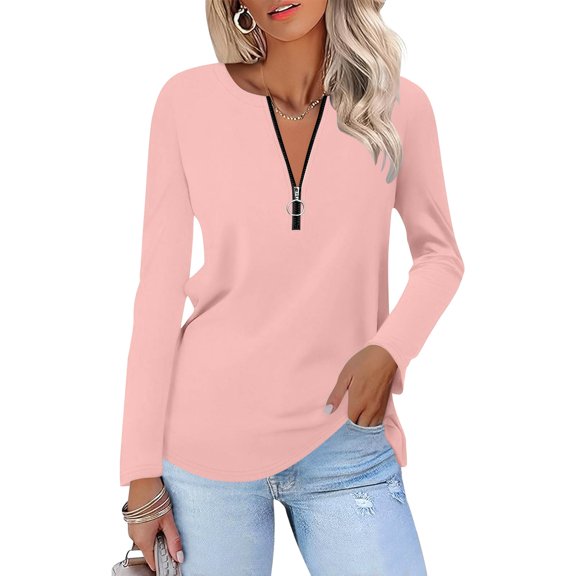 Plus Size Women's Solid Color V-Neck Top - Zipper Long Sleeve Shirt for Casual Outings, Relaxed Fit, Soft and Breathable Polyester Blouse Pink