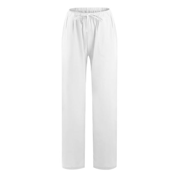 Plus Size Women's Solid Cotton Linen Drawstring Elastic Waist Long Wide Leg Pants On White 10(XL)