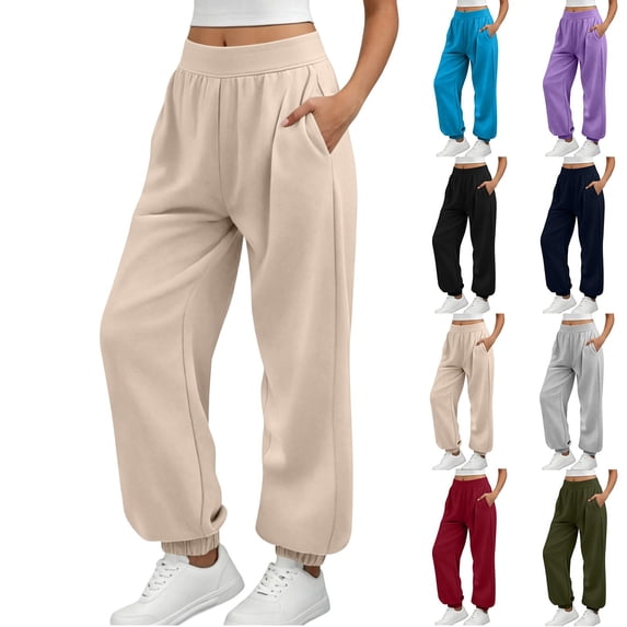 Plus Size Women's Solid High Waist Wide Leg Sweatpants with Deep Side Pockets, Elastic Ribbed Cuff Breathable Long Casual Pants for Errands Travel Light | TruHer,Green 2XL