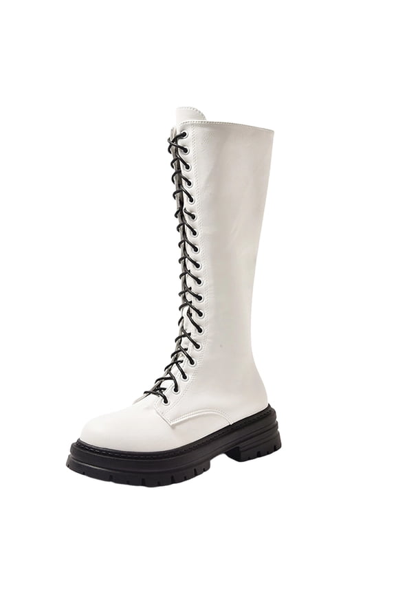 Plus Size Women’s Solid Lace up Knee High Combat Boots Chunky Platform Heel Wide Calf Comfort Winter Fashion Tall Boots White 8.5(41)