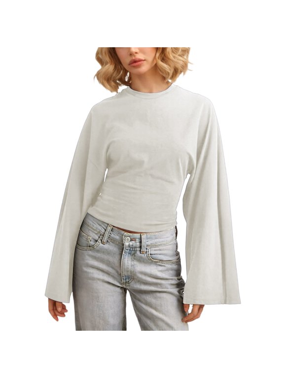 Plus Size Women's Solid Round Neck Long Sleeve Top with Defined Waist and Shoulder Emphasis for Everyday Comfort and Versatility