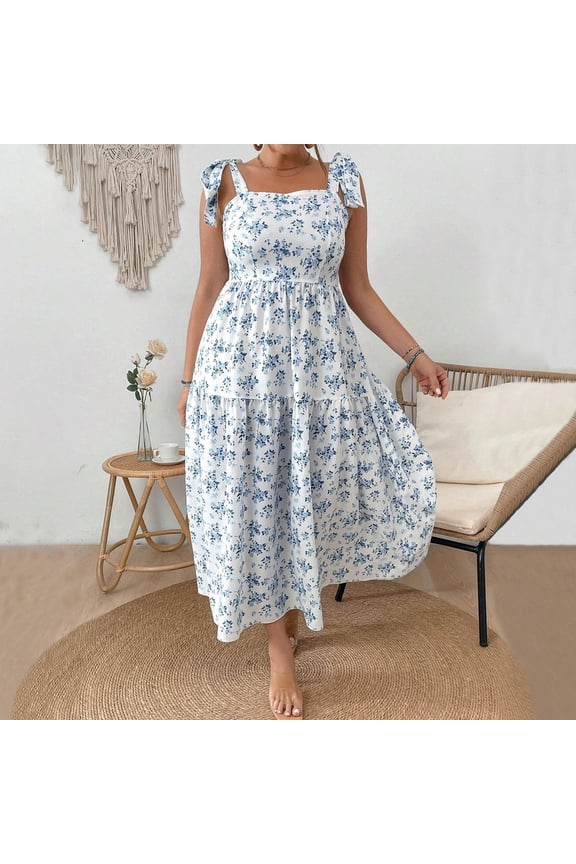 Plus Size Women's Spaghetti Strap Midi Dress with Waist Fit and Extra Large Flow Print Vacation Dress