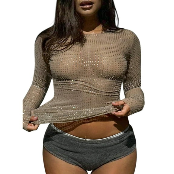 Plus Size Women’s Sparkling Rhinestone Sheer Mesh Top – Sexy Slim Fit Long Sleeve Round Neck Party Blouse Club  Festival Outfit