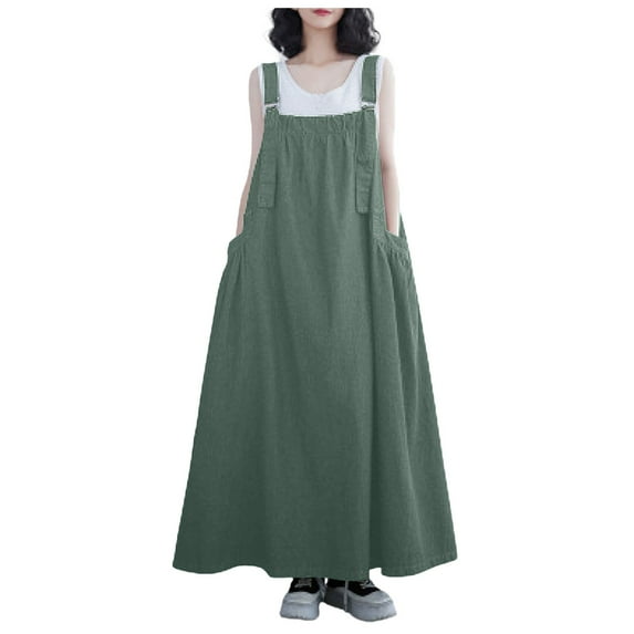 Plus Size Women's Spring/Summer Suspender Denim Long Skirt Loose Slim Wide Swing Dress - Polyester/Cotton - M-XXL