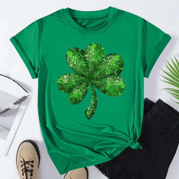 Plus Size Women's St. Patrick's Day Casual Short Sleeve Round Neck Pullover Tee With Holiday Design