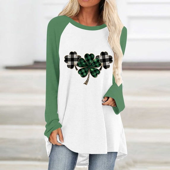 Plus Size Women's St. Patrick's Day Themed Printed Pullover Raglan Sleeve Round Neck Shirt