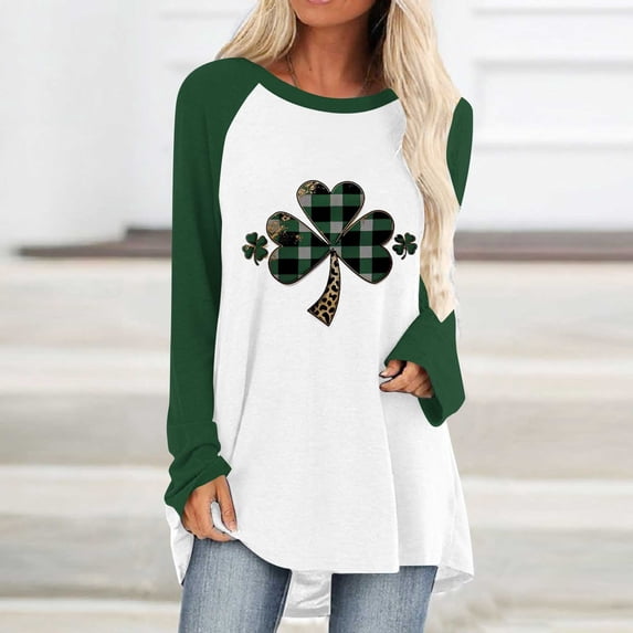 Plus Size Women's St. Patrick's Day Themed Printed Pullover Raglan Sleeve Round Neck Shirt