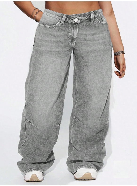 Plus Size Women's Straight Leg Long Denim Pants Mid Waist Elastic Waist