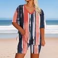 thumbnail image 1 of Plus Size Women’s Striped 2‑piece Outfit, V‑neck Half Sleeve Tops High Waist Biker Shorts, Casual Summer Loungewear Set Watermelon Red 4XL, 1 of 5