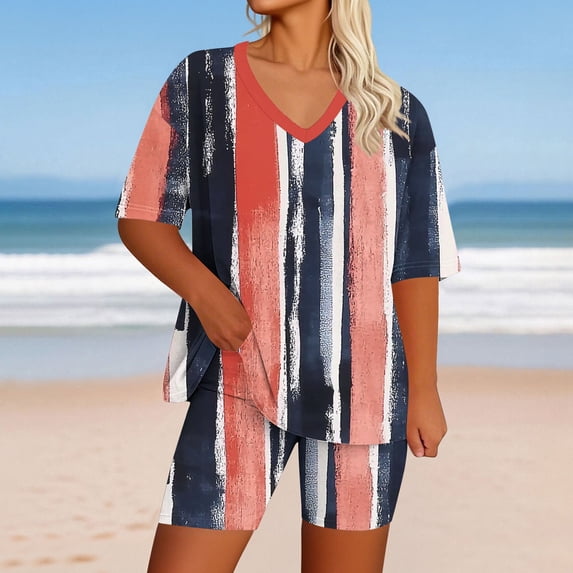 Plus Size Women’s Striped 2‑piece Outfit, V‑neck Half Sleeve Tops High Waist Biker Shorts, Casual Summer Loungewear Set Watermelon Red 4XL