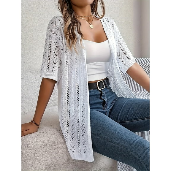 Plus Size Women's Summer Cardigan Crochet Short Sleeve Knit Top Hollow Front Open Lightweight Cover Up