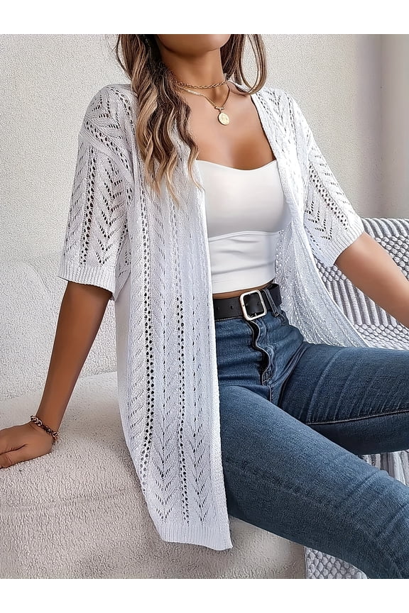 Plus Size Women's Summer Cardigan Crochet Short Sleeve Knit Top Hollow Front Open Lightweight Cover Up
