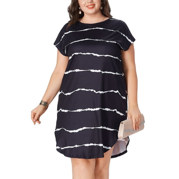 MLDRA Plus Size Women's Dress Summer Crewneck Stretch Casual Striped Side Slits Midi Dress