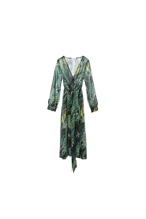 Plus - Size Women's Summer Dress. Elegant floral leaf print, long sleeves. Lace - up maxi beach dress
