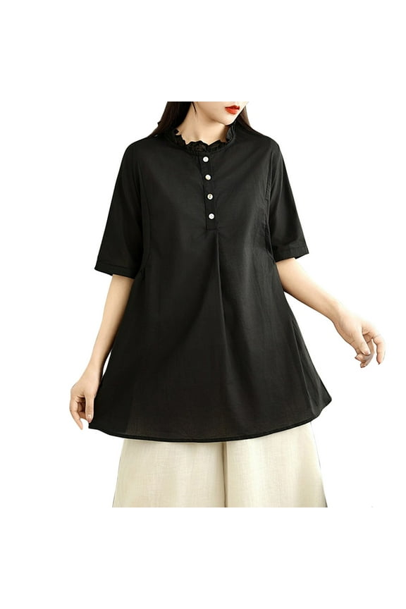 Plus Size Women's Summer Shirt in Pure Ramie, Solid Color Embroidered Vintage Loose Fit Blouse with Short Sleeve