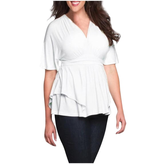 Plus Size Women's Summer Tank Tops V-Neck Mid-Sleeve Plus Size Pleated Solid Color Casual Blouses Blouses Tshirts