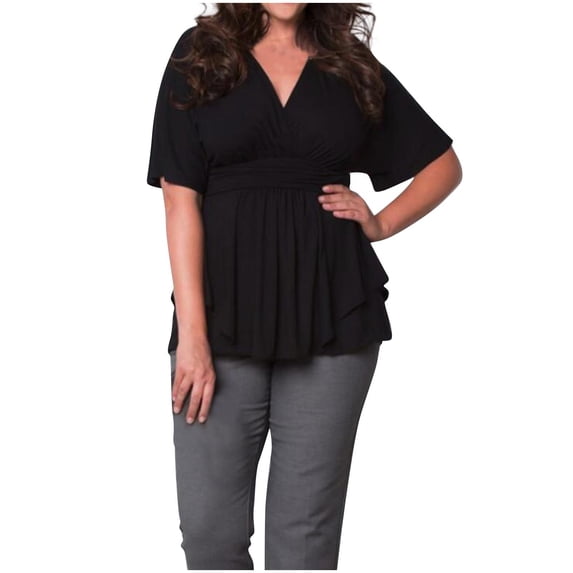 Plus Size Women's Summer Tank Tops V-Neck Mid-Sleeve Plus Size Pleated Solid Color Casual Blouses Blouses Tshirts