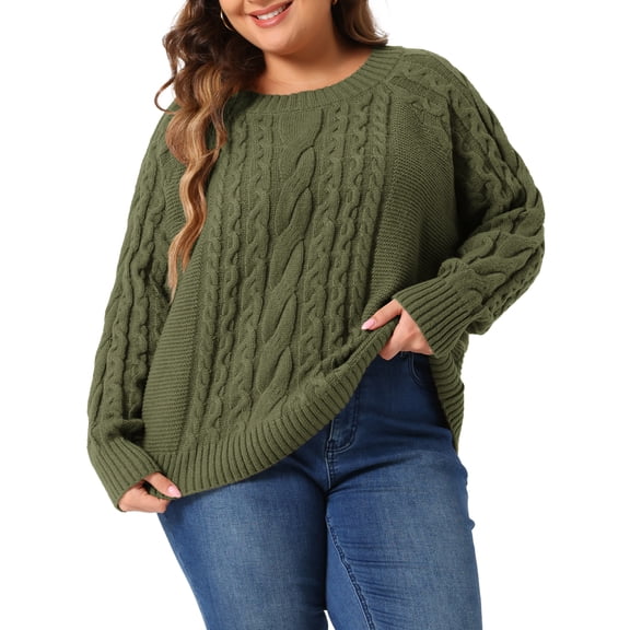 Agnes Orinda Plus Size Women's Sweater Long Sleeve Crewneck Fisherman Cable Pullover Sweaters 3X Army Green