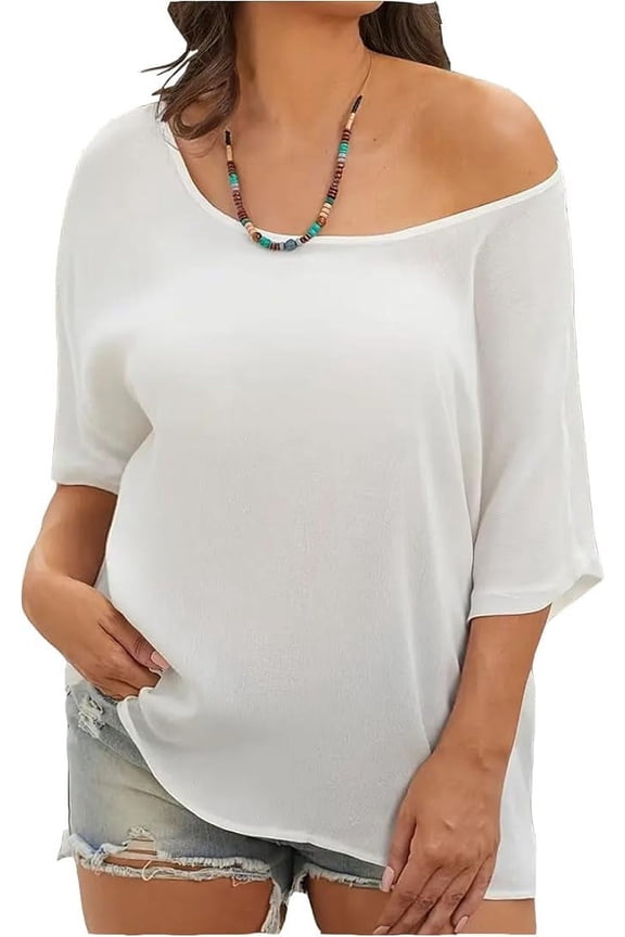 Plus-Size Women's T-Shirt Solid Color Off-The-Shoulder Ruffled Casual Loose Short Sleeve