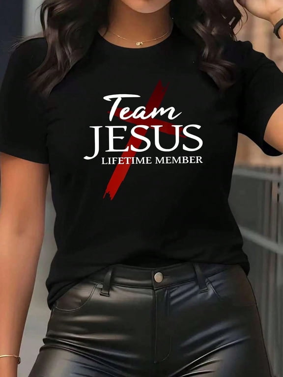 Plus Size Women's TEAM JESUS Printed Short-Sleeve Round-Neck T-Shirt