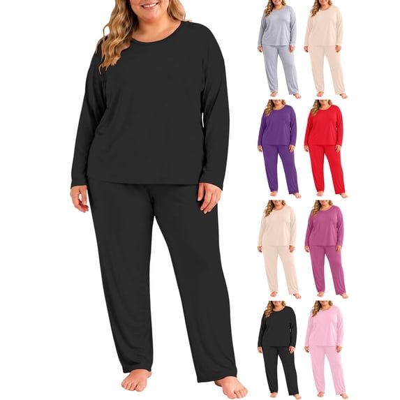 Plus Size Women's Thermal Underwear Set,2 Piece Crew Neck Top and Long Pant,Basic Warm Winter Loungewear Sleepwear