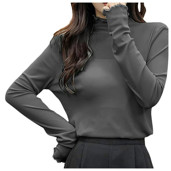 Plus Size Women's Thin See Through Mesh Long Sleeve T Shirt with Wood Ear Hem and Half Height Pile Neck Design